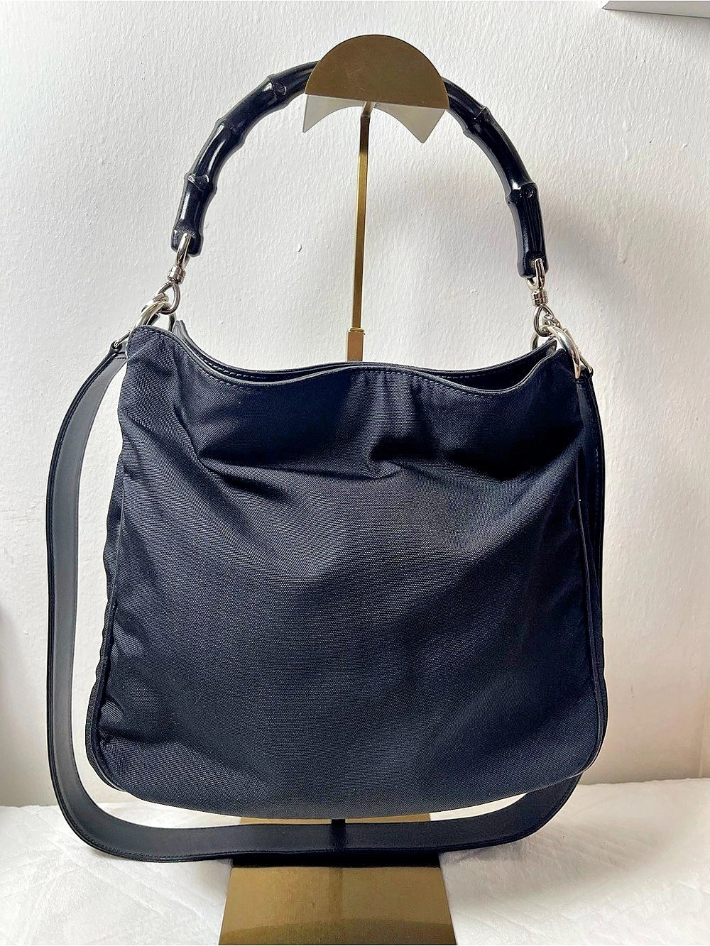 Gucci Vintage Gucci Black Nylon Bamboo Handle 2-Way Hobo Shoulder Bag Vintage